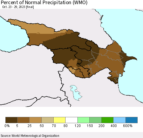 Azerbaijan, Armenia and Georgia Percent of Normal Precipitation (WMO) Thematic Map For 10/23/2023 - 10/29/2023