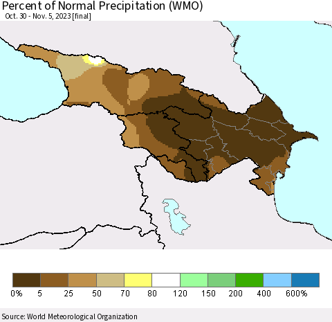 Azerbaijan, Armenia and Georgia Percent of Normal Precipitation (WMO) Thematic Map For 10/30/2023 - 11/5/2023