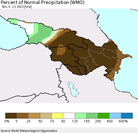 Azerbaijan, Armenia and Georgia Percent of Normal Precipitation (WMO) Thematic Map For 11/6/2023 - 11/12/2023