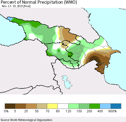 Azerbaijan, Armenia and Georgia Percent of Normal Precipitation (WMO) Thematic Map For 11/13/2023 - 11/19/2023