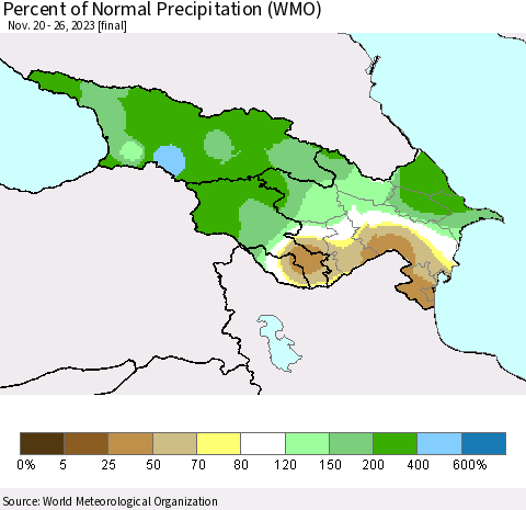 Azerbaijan, Armenia and Georgia Percent of Normal Precipitation (WMO) Thematic Map For 11/20/2023 - 11/26/2023