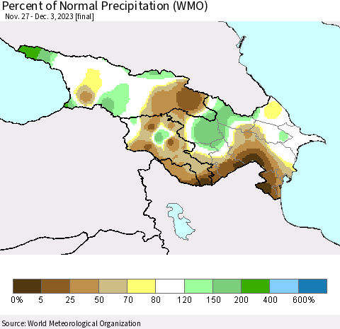 Azerbaijan, Armenia and Georgia Percent of Normal Precipitation (WMO) Thematic Map For 11/27/2023 - 12/3/2023