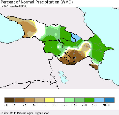 Azerbaijan, Armenia and Georgia Percent of Normal Precipitation (WMO) Thematic Map For 12/4/2023 - 12/10/2023