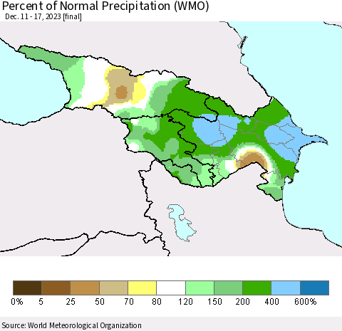 Azerbaijan, Armenia and Georgia Percent of Normal Precipitation (WMO) Thematic Map For 12/11/2023 - 12/17/2023