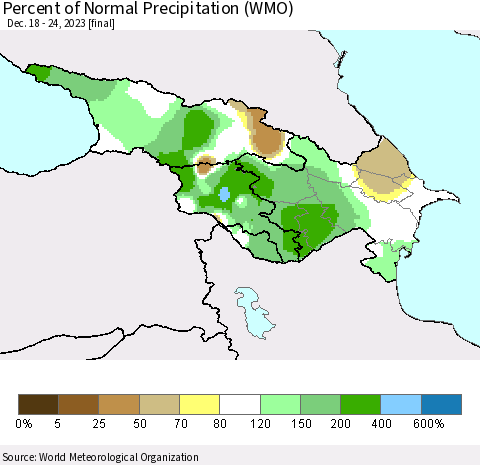 Azerbaijan, Armenia and Georgia Percent of Normal Precipitation (WMO) Thematic Map For 12/18/2023 - 12/24/2023