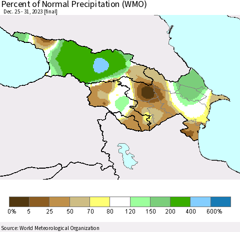 Azerbaijan, Armenia and Georgia Percent of Normal Precipitation (WMO) Thematic Map For 12/25/2023 - 12/31/2023