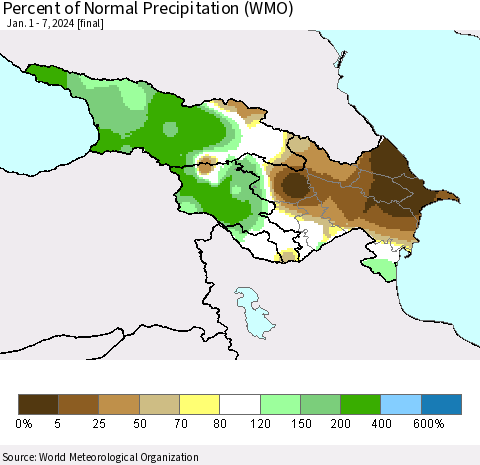 Azerbaijan, Armenia and Georgia Percent of Normal Precipitation (WMO) Thematic Map For 1/1/2024 - 1/7/2024