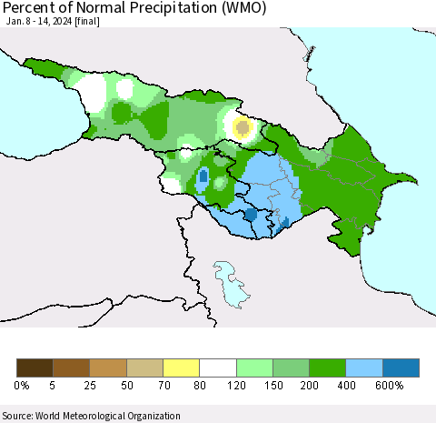 Azerbaijan, Armenia and Georgia Percent of Normal Precipitation (WMO) Thematic Map For 1/8/2024 - 1/14/2024