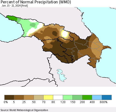Azerbaijan, Armenia and Georgia Percent of Normal Precipitation (WMO) Thematic Map For 1/15/2024 - 1/21/2024