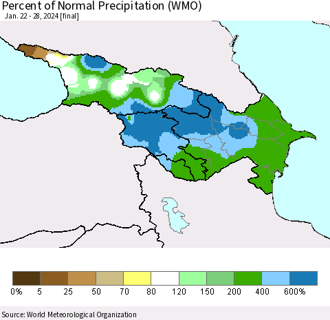 Azerbaijan, Armenia and Georgia Percent of Normal Precipitation (WMO) Thematic Map For 1/22/2024 - 1/28/2024