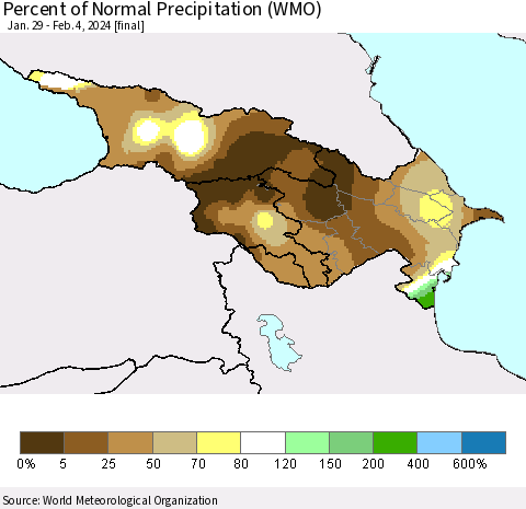 Azerbaijan, Armenia and Georgia Percent of Normal Precipitation (WMO) Thematic Map For 1/29/2024 - 2/4/2024