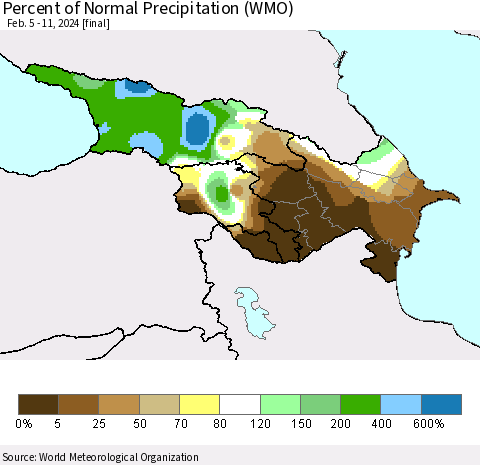 Azerbaijan, Armenia and Georgia Percent of Normal Precipitation (WMO) Thematic Map For 2/5/2024 - 2/11/2024