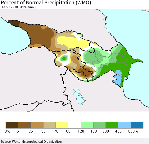Azerbaijan, Armenia and Georgia Percent of Normal Precipitation (WMO) Thematic Map For 2/12/2024 - 2/18/2024