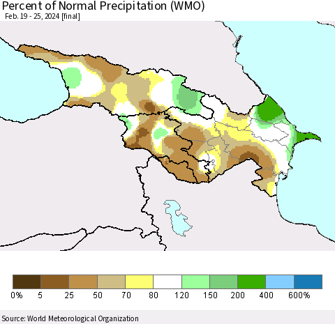 Azerbaijan, Armenia and Georgia Percent of Normal Precipitation (WMO) Thematic Map For 2/19/2024 - 2/25/2024