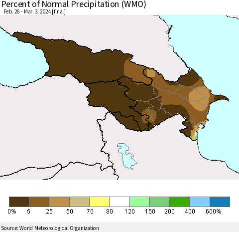 Azerbaijan, Armenia and Georgia Percent of Normal Precipitation (WMO) Thematic Map For 2/26/2024 - 3/3/2024