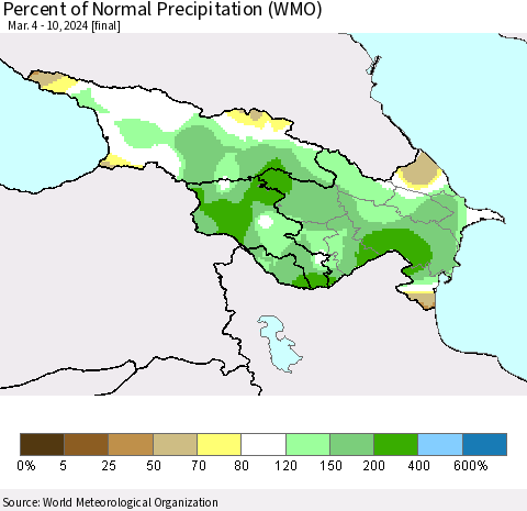 Azerbaijan, Armenia and Georgia Percent of Normal Precipitation (WMO) Thematic Map For 3/4/2024 - 3/10/2024