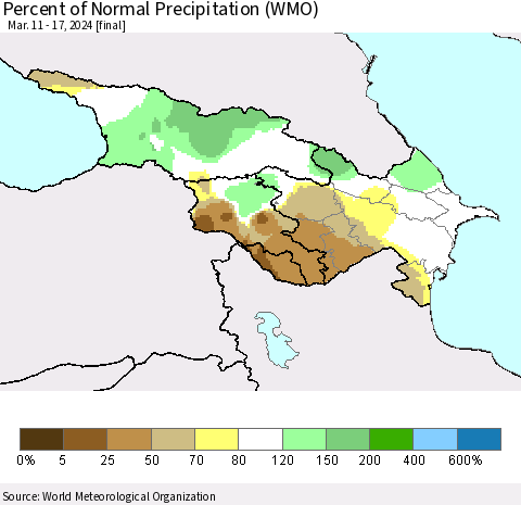 Azerbaijan, Armenia and Georgia Percent of Normal Precipitation (WMO) Thematic Map For 3/11/2024 - 3/17/2024