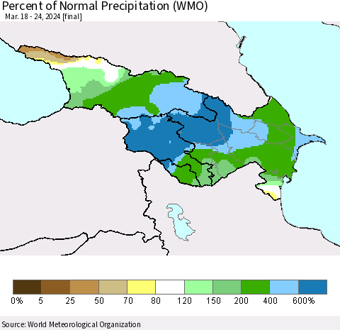 Azerbaijan, Armenia and Georgia Percent of Normal Precipitation (WMO) Thematic Map For 3/18/2024 - 3/24/2024