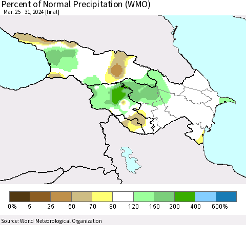 Azerbaijan, Armenia and Georgia Percent of Normal Precipitation (WMO) Thematic Map For 3/25/2024 - 3/31/2024