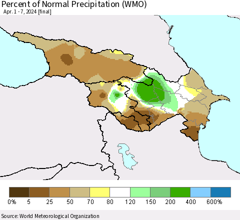 Azerbaijan, Armenia and Georgia Percent of Normal Precipitation (WMO) Thematic Map For 4/1/2024 - 4/7/2024