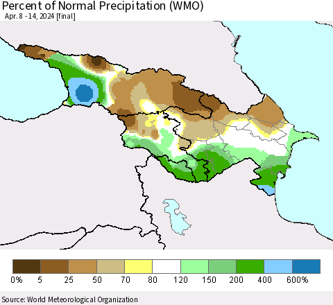 Azerbaijan, Armenia and Georgia Percent of Normal Precipitation (WMO) Thematic Map For 4/8/2024 - 4/14/2024