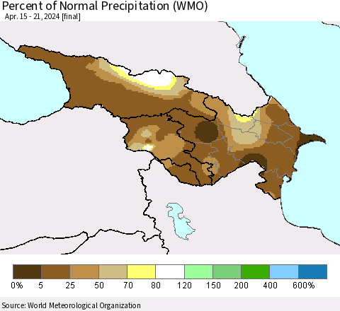Azerbaijan, Armenia and Georgia Percent of Normal Precipitation (WMO) Thematic Map For 4/15/2024 - 4/21/2024