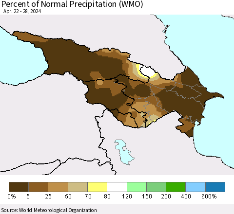 Azerbaijan, Armenia and Georgia Percent of Normal Precipitation (WMO) Thematic Map For 4/22/2024 - 4/28/2024