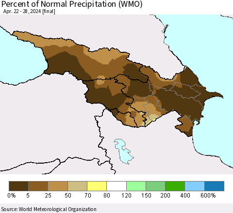 Azerbaijan, Armenia and Georgia Percent of Normal Precipitation (WMO) Thematic Map For 4/22/2024 - 4/28/2024