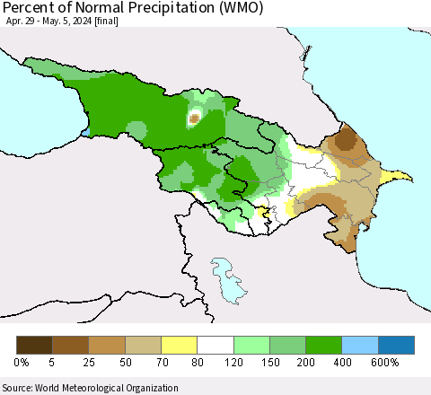 Azerbaijan, Armenia and Georgia Percent of Normal Precipitation (WMO) Thematic Map For 4/29/2024 - 5/5/2024