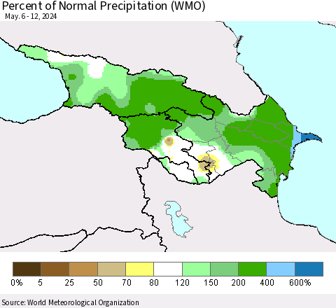 Azerbaijan, Armenia and Georgia Percent of Normal Precipitation (WMO) Thematic Map For 5/6/2024 - 5/12/2024