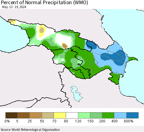 Azerbaijan, Armenia and Georgia Percent of Normal Precipitation (WMO) Thematic Map For 5/13/2024 - 5/19/2024