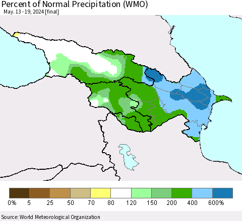 Azerbaijan, Armenia and Georgia Percent of Normal Precipitation (WMO) Thematic Map For 5/13/2024 - 5/19/2024