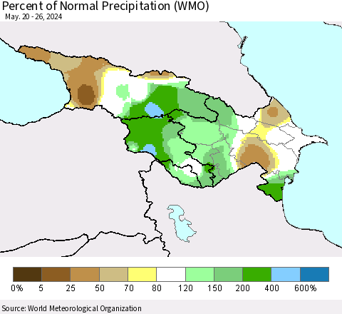 Azerbaijan, Armenia and Georgia Percent of Normal Precipitation (WMO) Thematic Map For 5/20/2024 - 5/26/2024