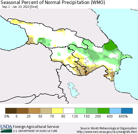 Azerbaijan, Armenia and Georgia Seasonal Percent of Normal Precipitation (WMO) Thematic Map For 9/1/2021 - 1/10/2022