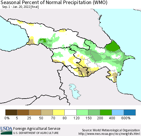 Azerbaijan, Armenia and Georgia Seasonal Percent of Normal Precipitation (WMO) Thematic Map For 9/1/2021 - 1/20/2022