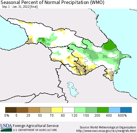Azerbaijan, Armenia and Georgia Seasonal Percent of Normal Precipitation (WMO) Thematic Map For 9/1/2021 - 1/31/2022