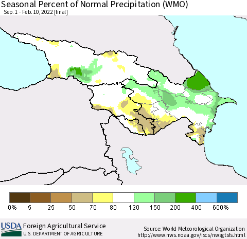 Azerbaijan, Armenia and Georgia Seasonal Percent of Normal Precipitation (WMO) Thematic Map For 9/1/2021 - 2/10/2022
