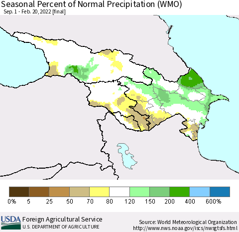 Azerbaijan, Armenia and Georgia Seasonal Percent of Normal Precipitation (WMO) Thematic Map For 9/1/2021 - 2/20/2022