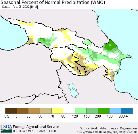 Azerbaijan, Armenia and Georgia Seasonal Percent of Normal Precipitation (WMO) Thematic Map For 9/1/2021 - 2/28/2022