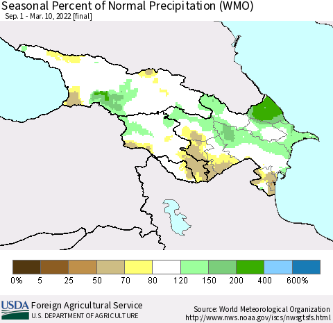 Azerbaijan, Armenia and Georgia Seasonal Percent of Normal Precipitation (WMO) Thematic Map For 9/1/2021 - 3/10/2022