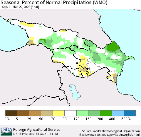 Azerbaijan, Armenia and Georgia Seasonal Percent of Normal Precipitation (WMO) Thematic Map For 9/1/2021 - 3/20/2022