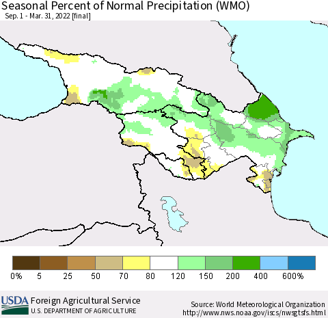 Azerbaijan, Armenia and Georgia Seasonal Percent of Normal Precipitation (WMO) Thematic Map For 9/1/2021 - 3/31/2022