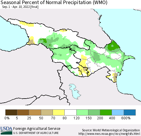 Azerbaijan, Armenia and Georgia Seasonal Percent of Normal Precipitation (WMO) Thematic Map For 9/1/2021 - 4/10/2022