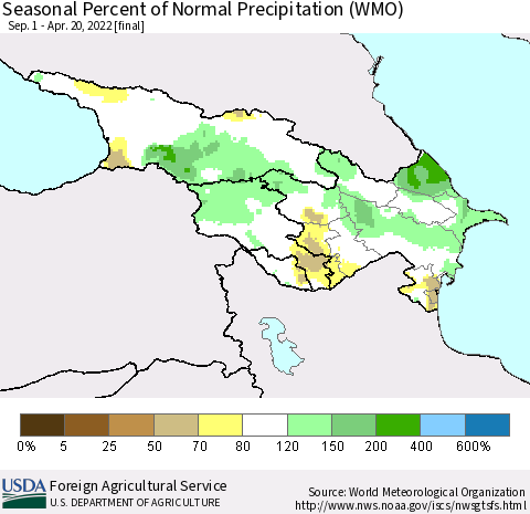 Azerbaijan, Armenia and Georgia Seasonal Percent of Normal Precipitation (WMO) Thematic Map For 9/1/2021 - 4/20/2022