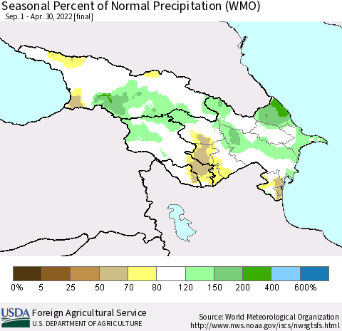 Azerbaijan, Armenia and Georgia Seasonal Percent of Normal Precipitation (WMO) Thematic Map For 9/1/2021 - 4/30/2022