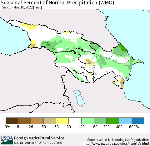 Azerbaijan, Armenia and Georgia Seasonal Percent of Normal Precipitation (WMO) Thematic Map For 9/1/2021 - 5/10/2022