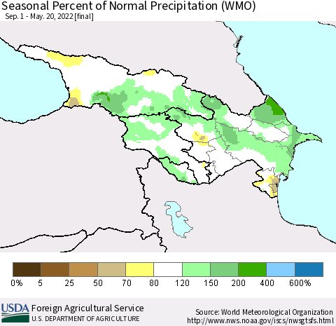 Azerbaijan, Armenia and Georgia Seasonal Percent of Normal Precipitation (WMO) Thematic Map For 9/1/2021 - 5/20/2022
