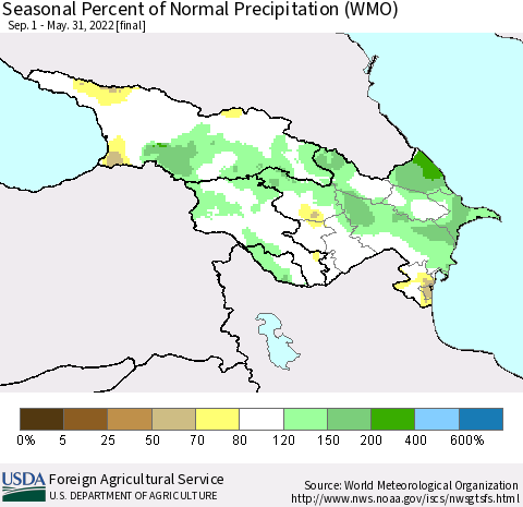 Azerbaijan, Armenia and Georgia Seasonal Percent of Normal Precipitation (WMO) Thematic Map For 9/1/2021 - 5/31/2022