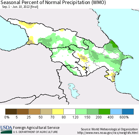 Azerbaijan, Armenia and Georgia Seasonal Percent of Normal Precipitation (WMO) Thematic Map For 9/1/2021 - 6/10/2022