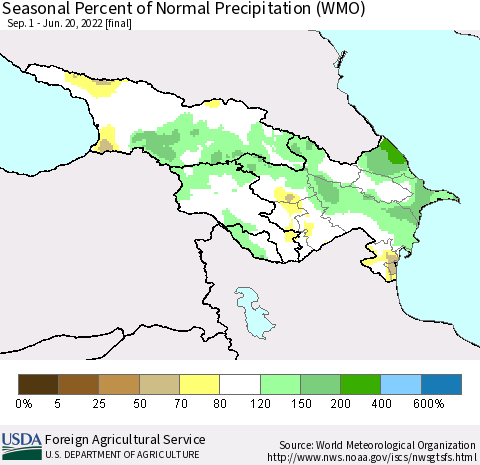 Azerbaijan, Armenia and Georgia Seasonal Percent of Normal Precipitation (WMO) Thematic Map For 9/1/2021 - 6/20/2022